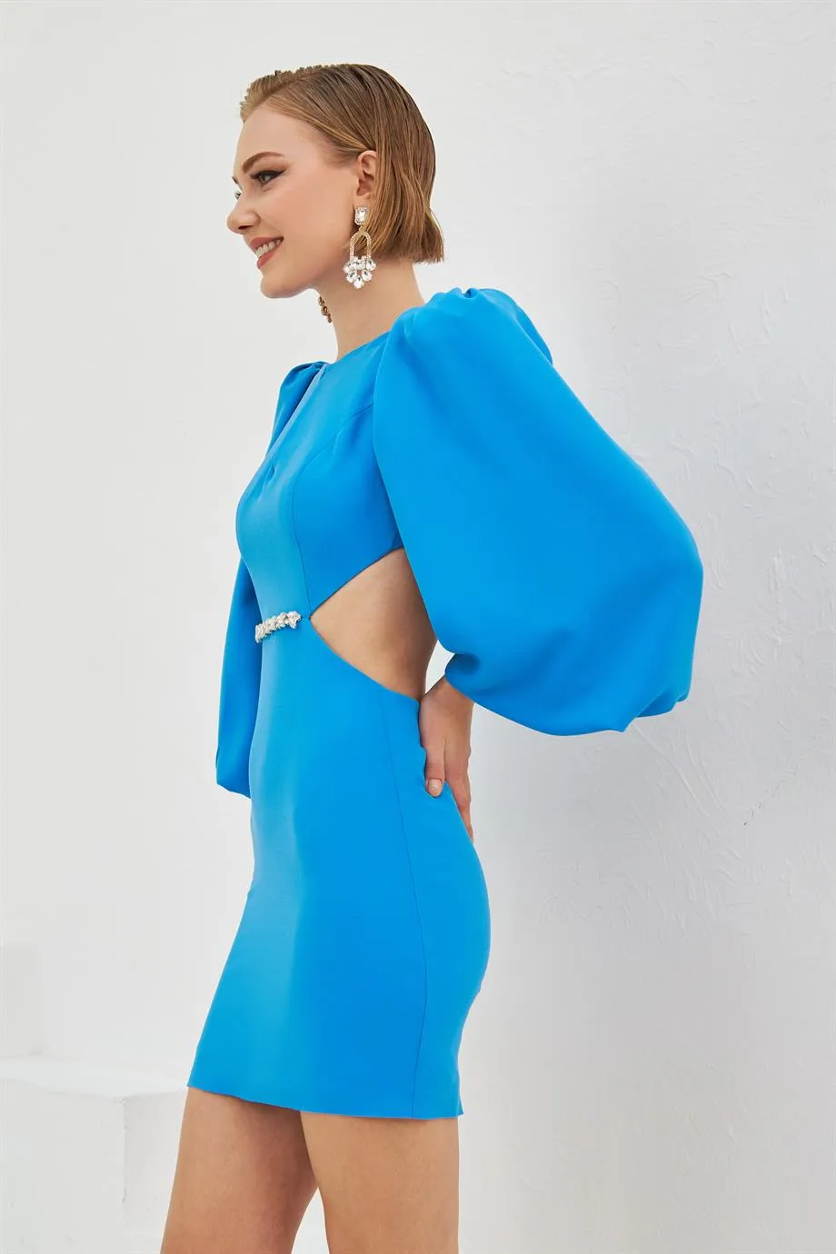 Blue Crepe Stone Balloon Sleeve Short Evening Dress