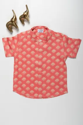 Boys Coral Cotton Shirt with Golden Tree Print – Premium Casual and Festive Wear