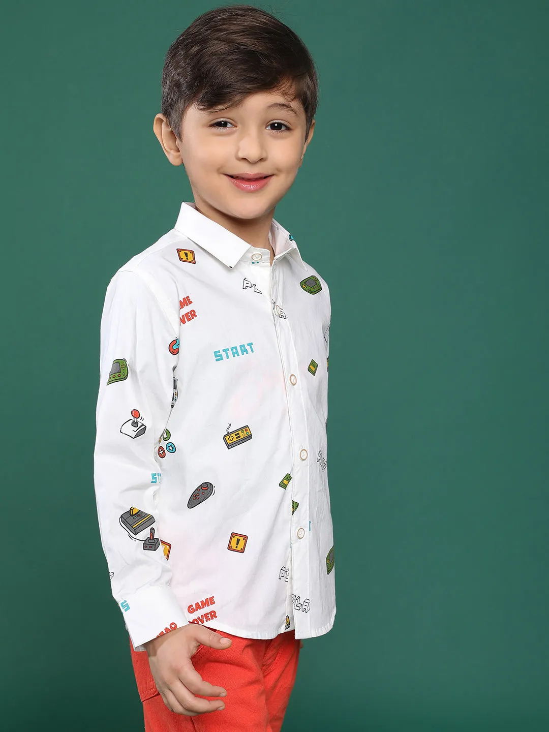 Boys White Printed Cotton Shirt