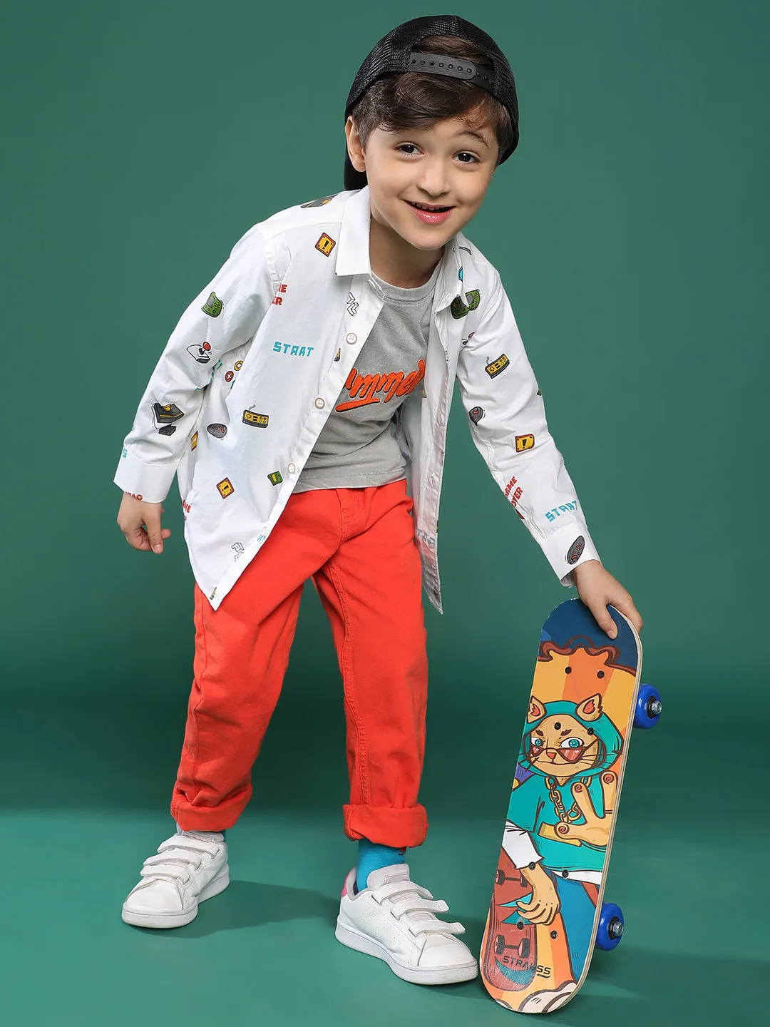 Boys White Printed Cotton Shirt