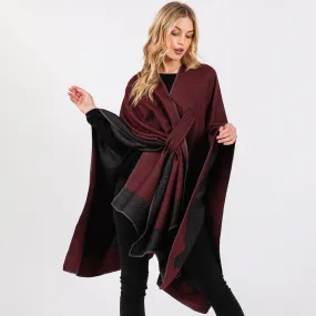 Burgundy Two Tone Pull Through Shawl Ruana Poncho