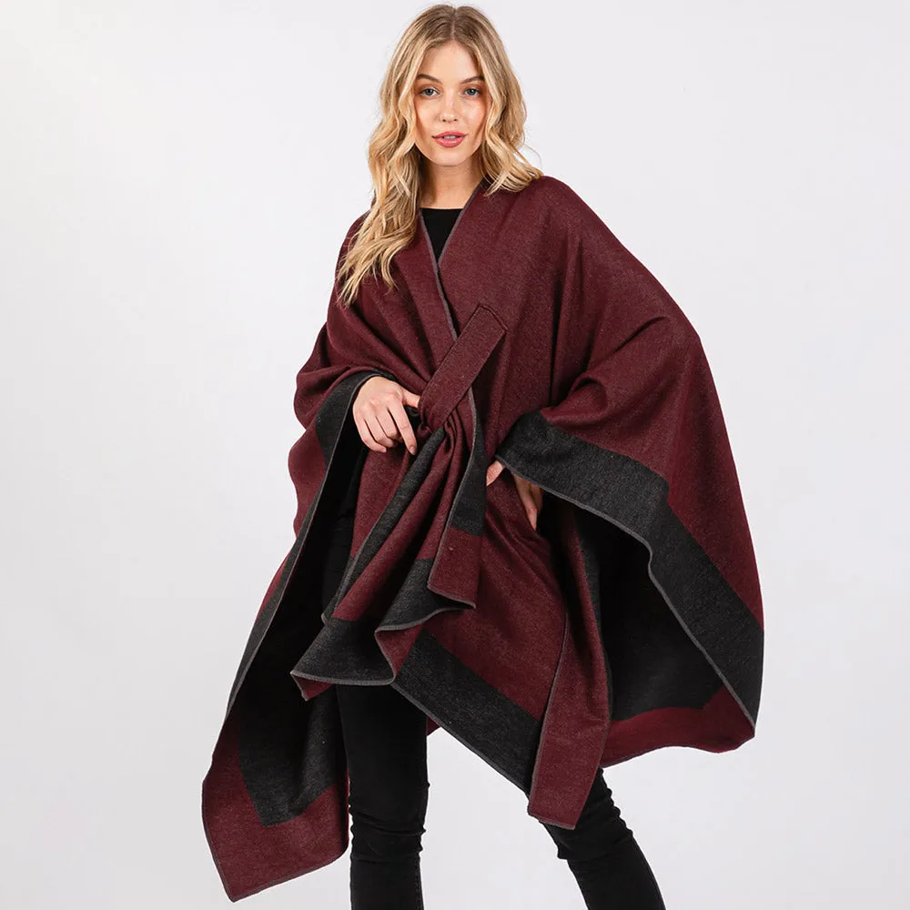 Burgundy Two Tone Pull Through Shawl Ruana Poncho