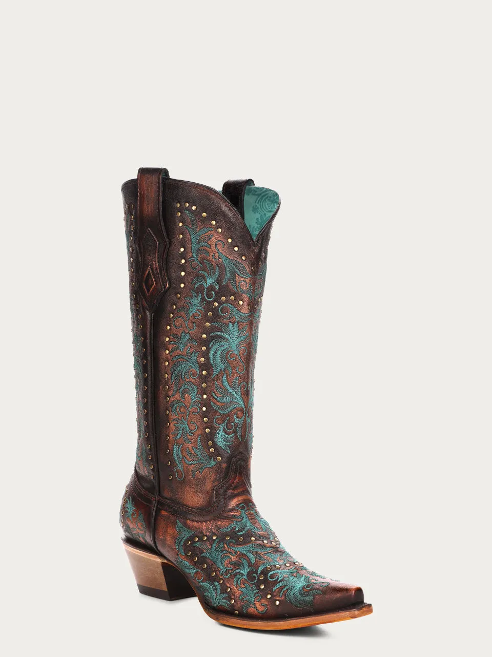 C3973 - WOMEN'S COPPER EMBROIDERY AND STUDS SNIP TOE COWBOY BOOT