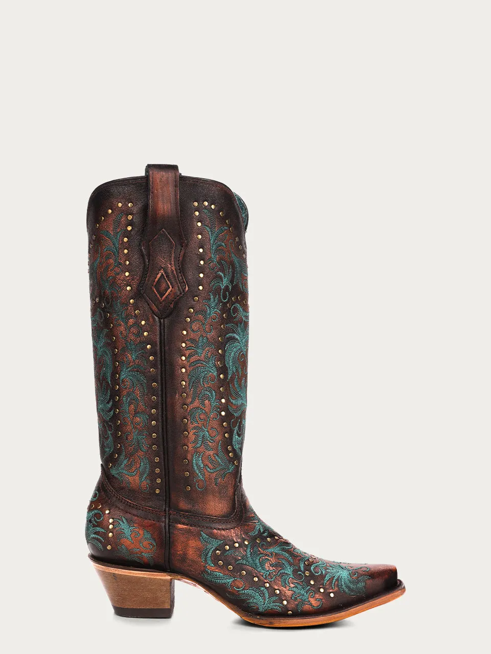 C3973 - WOMEN'S COPPER EMBROIDERY AND STUDS SNIP TOE COWBOY BOOT