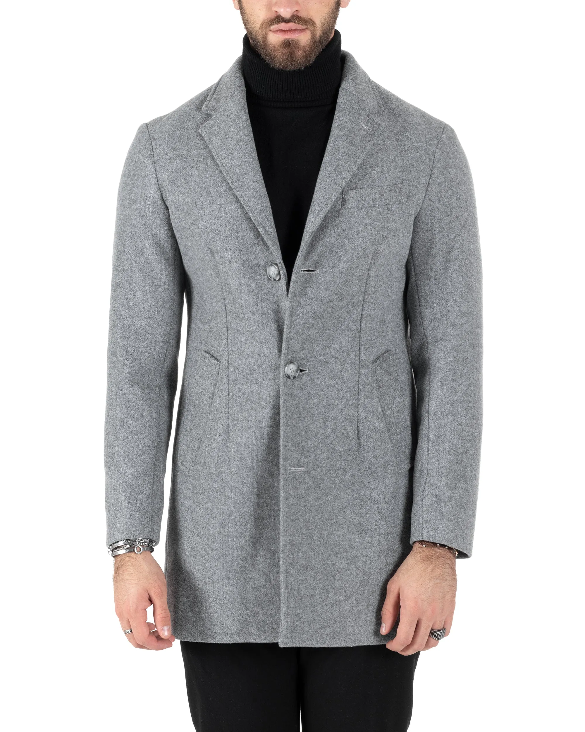 Cappotto Monopetto Uomo Giacca Colletto Reverse Giaccone Tinta Unita Grigio Baronetto Elegante GIOSAL-CO1003A