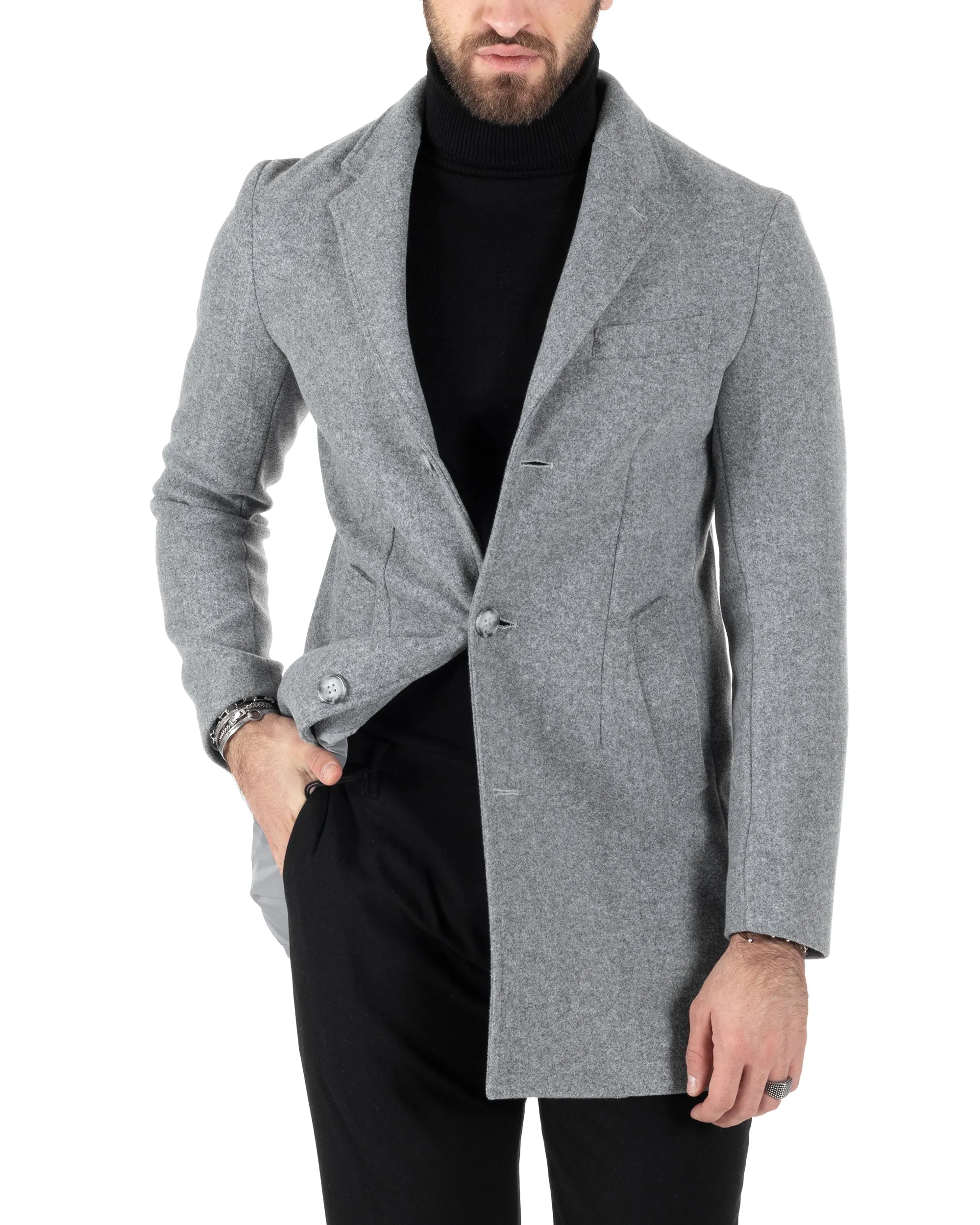 Cappotto Monopetto Uomo Giacca Colletto Reverse Giaccone Tinta Unita Grigio Baronetto Elegante GIOSAL-CO1003A