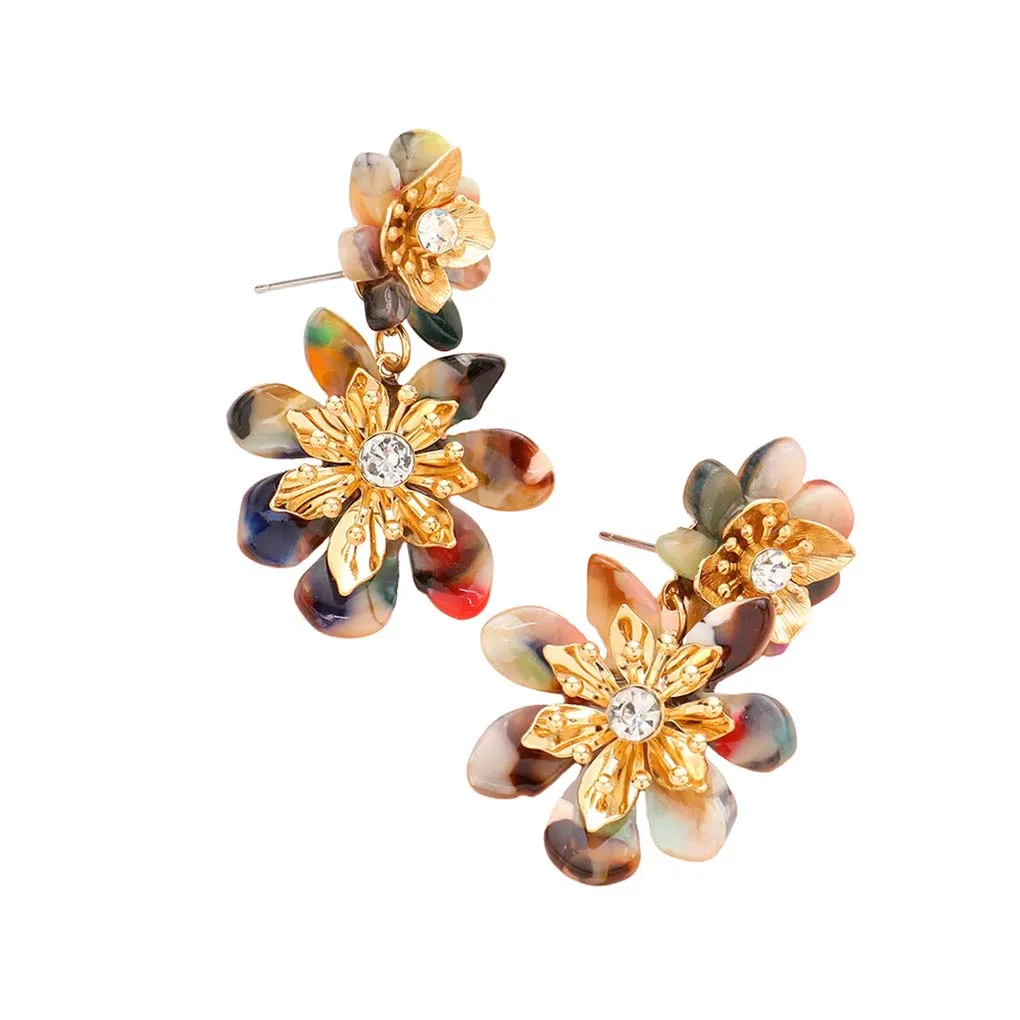 Celluloid Acetate Double Flower Link Dangle Earrings