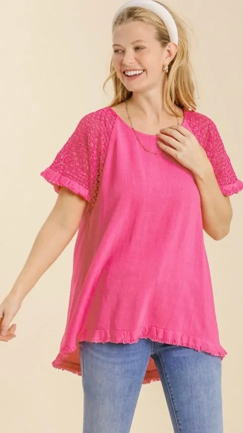 Clara Crochet Sleeve Top Hot Pink