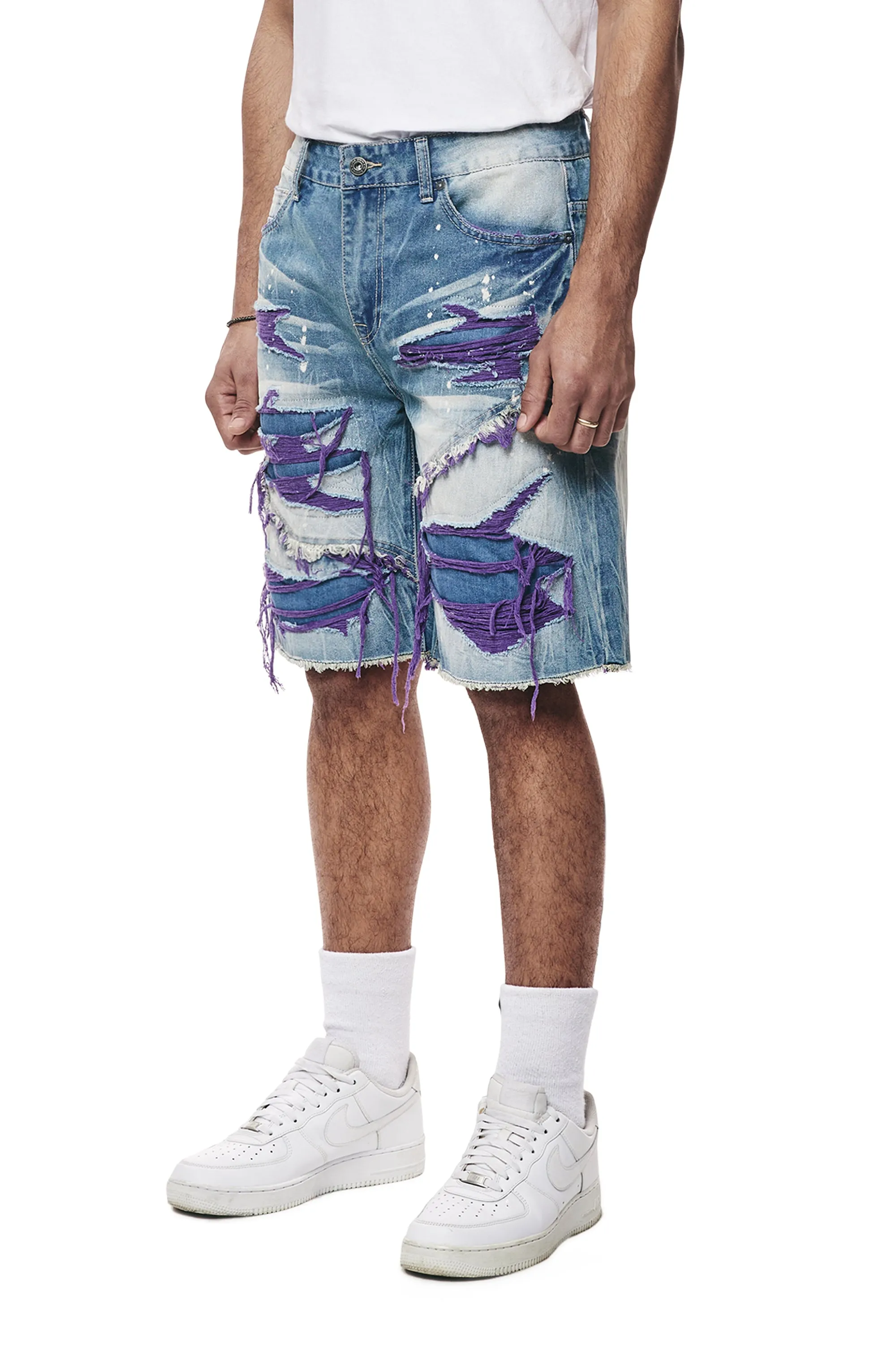 Color Wash Heavy Rip & Repair Jean Shorts - Purple