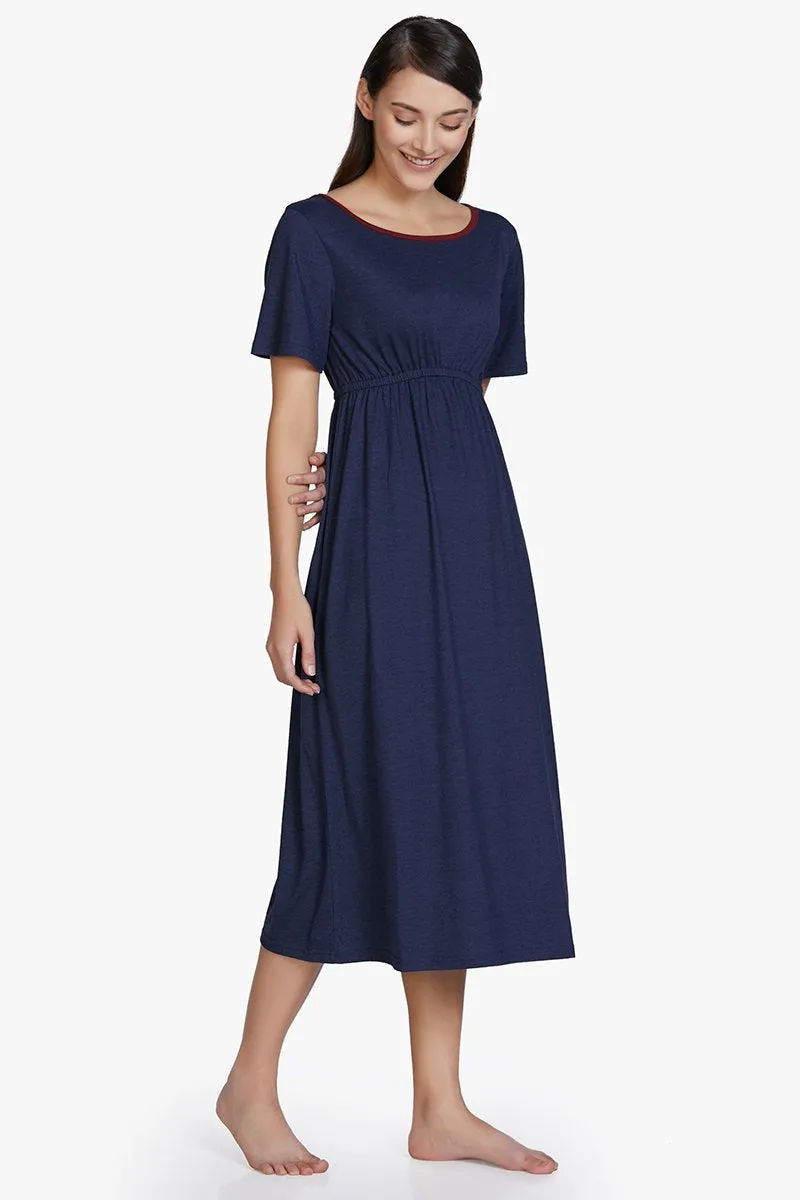 Cotton Blend Chemise Dress - Navy