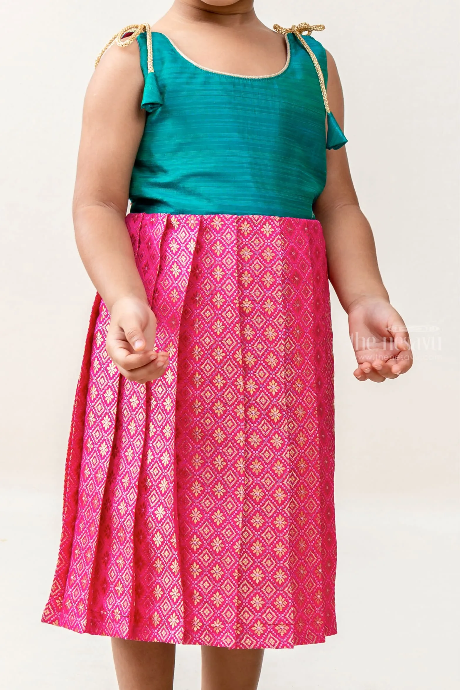 Dark Pink Banarasi Brocade Tie up Frock  For baby Girls