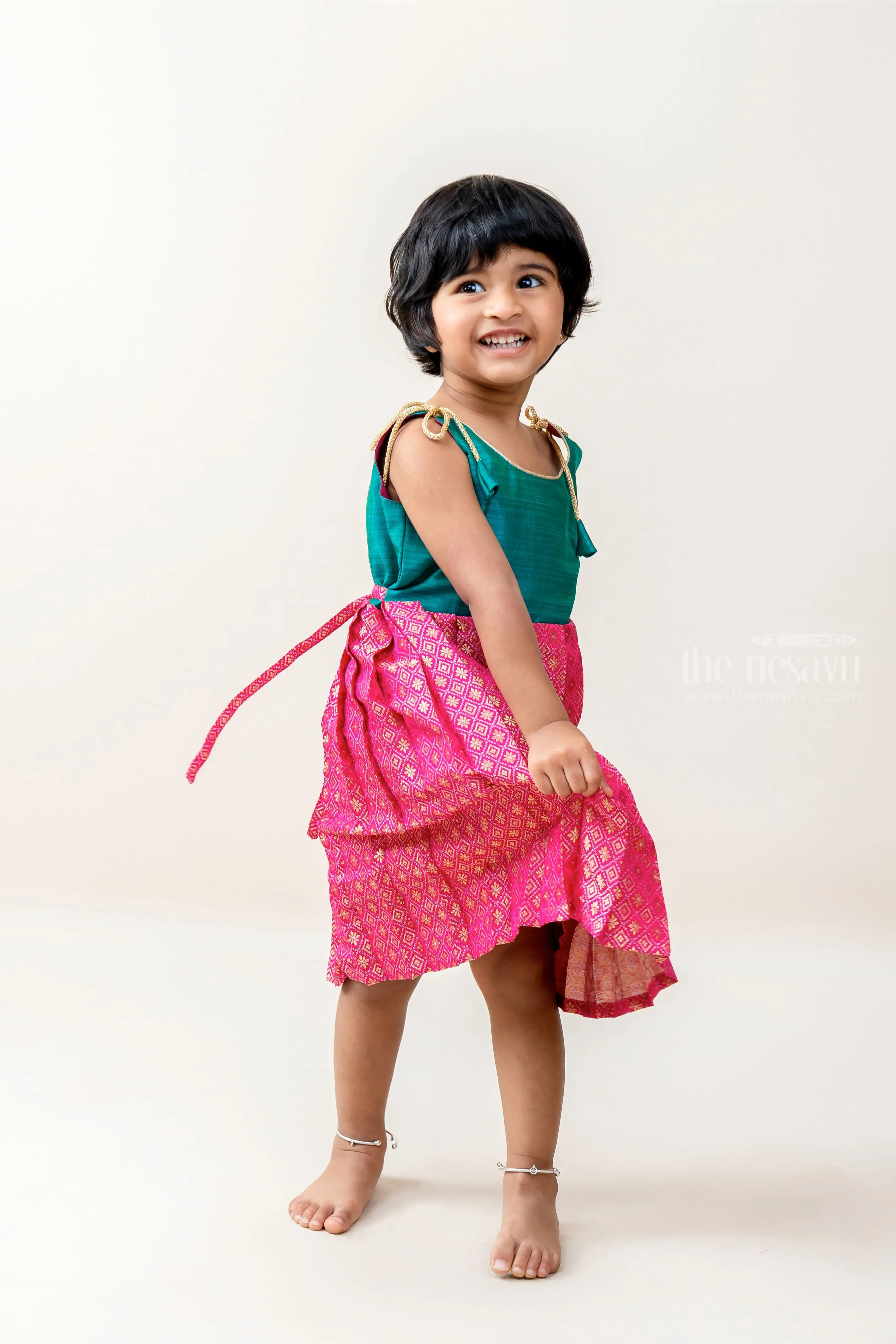 Dark Pink Banarasi Brocade Tie up Frock  For baby Girls