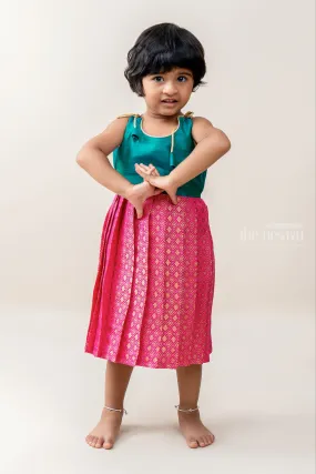 Dark Pink Banarasi Brocade Tie up Frock  For baby Girls