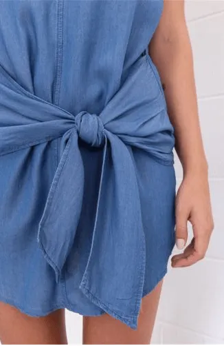 DENIM FRONT BOW SHEATH DRESS