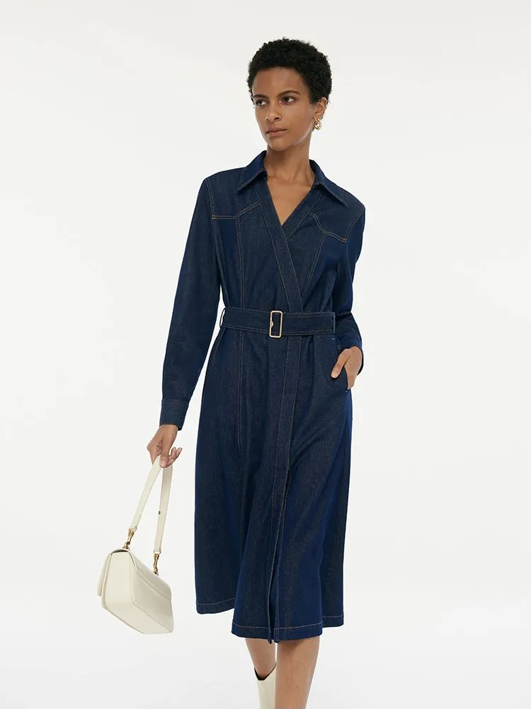 Denim Lapel Women Midi Dress With Belt