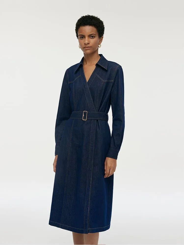 Denim Lapel Women Midi Dress With Belt