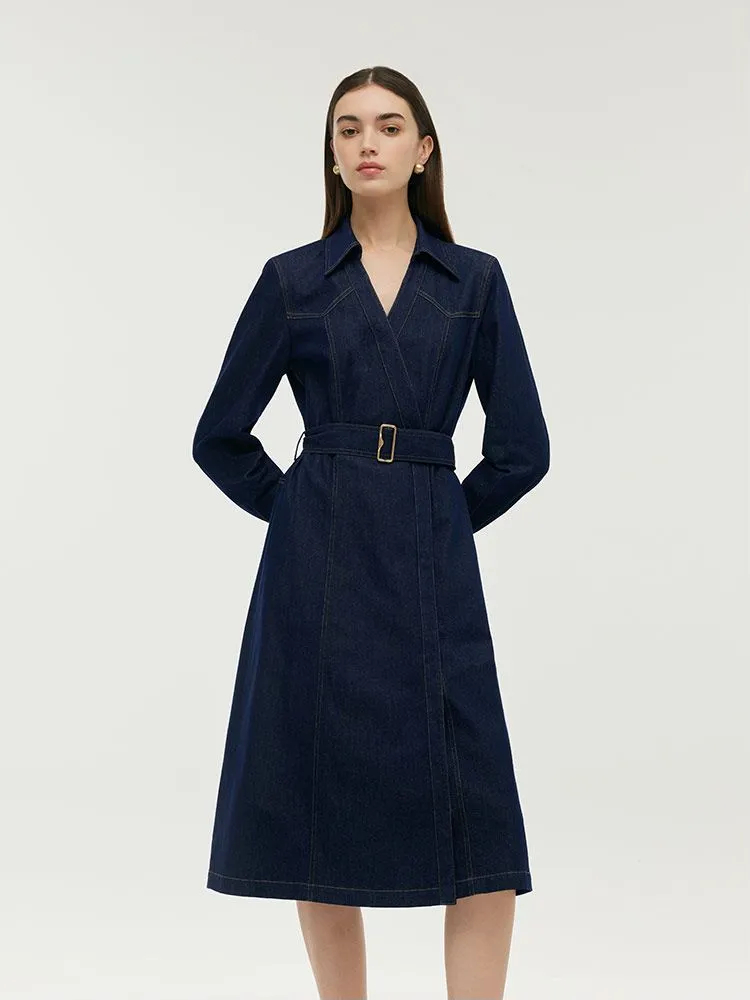 Denim Lapel Women Midi Dress With Belt