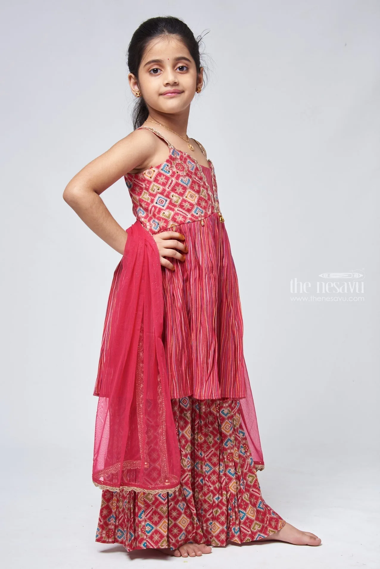 Elegant Sequin Patola Striped Pink Kurti & Gharara with Dupatta: Traditional Elegance for Girls