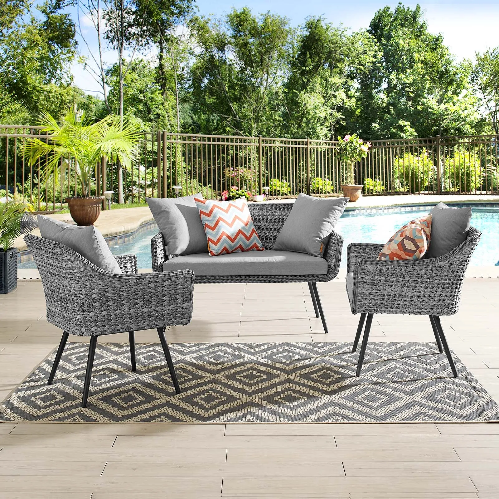 Endeavor 3 Piece Outdoor Patio Wicker Rattan Loveseat and Armchair Set