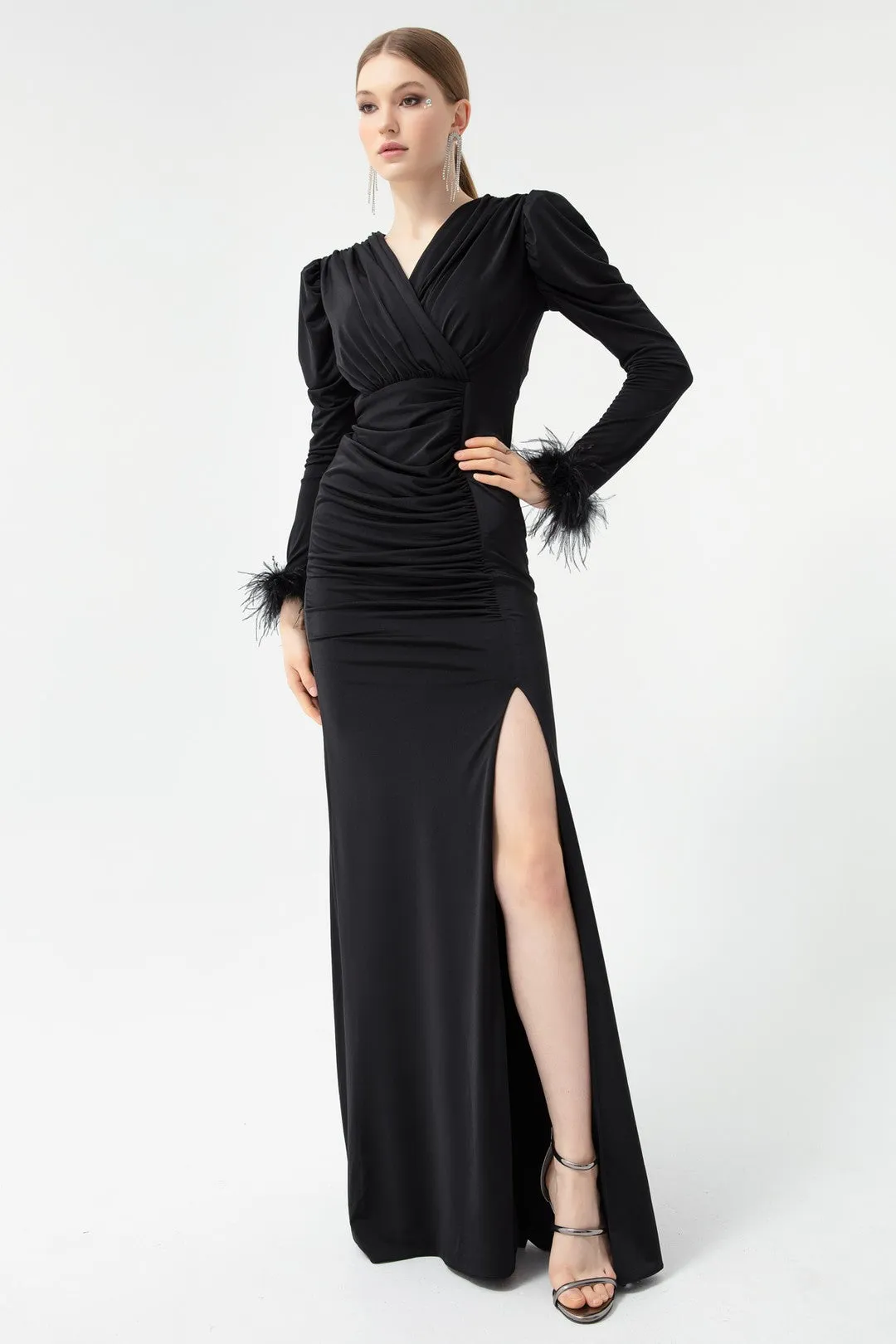 Female Cruve Neck Arms Hair Slit Evening Dress