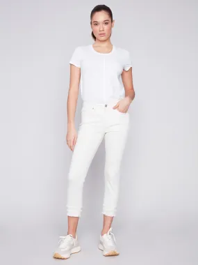 Frayed Hem Cropped Twill Pants - Natural