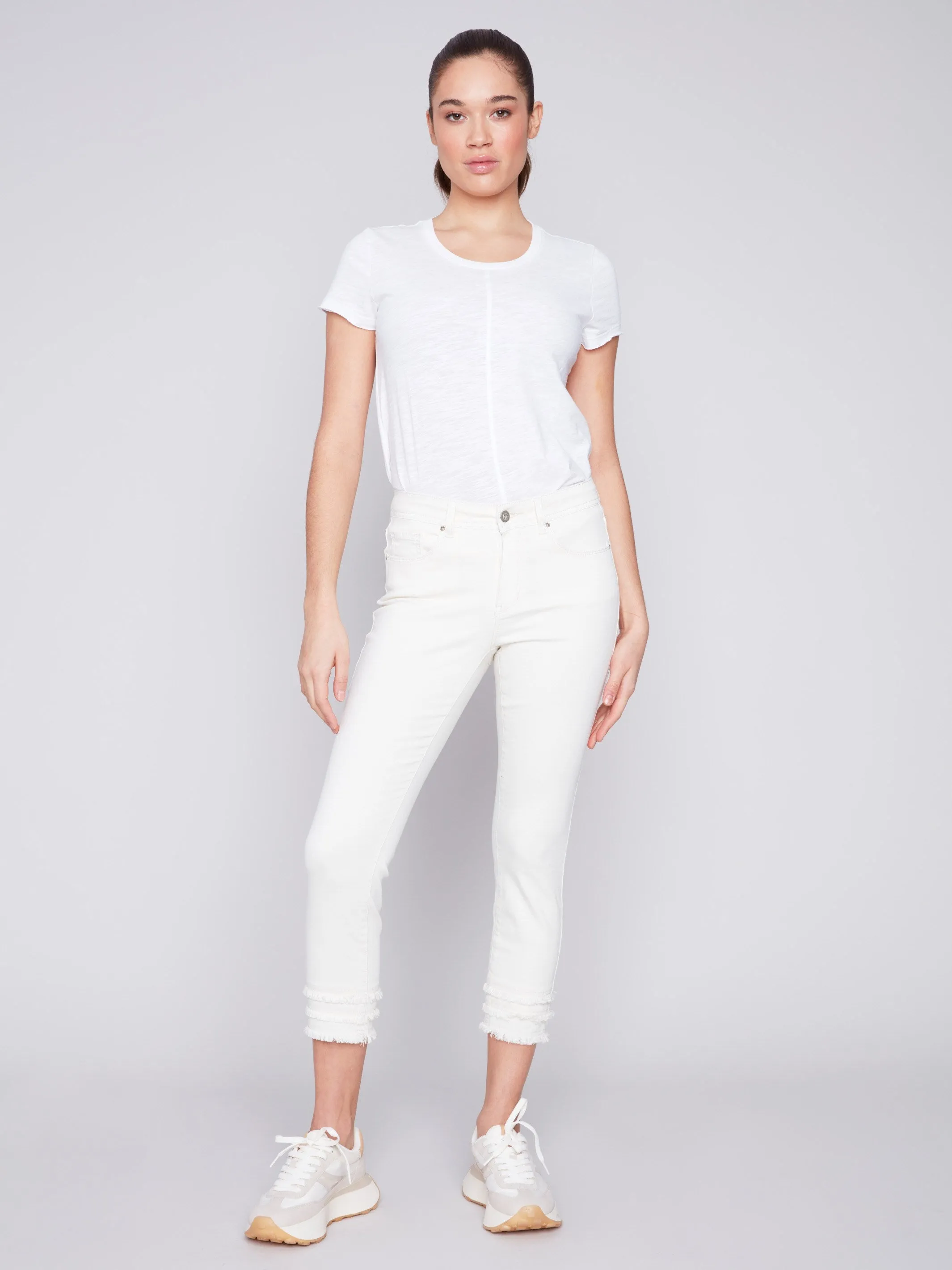 Frayed Hem Cropped Twill Pants - Natural