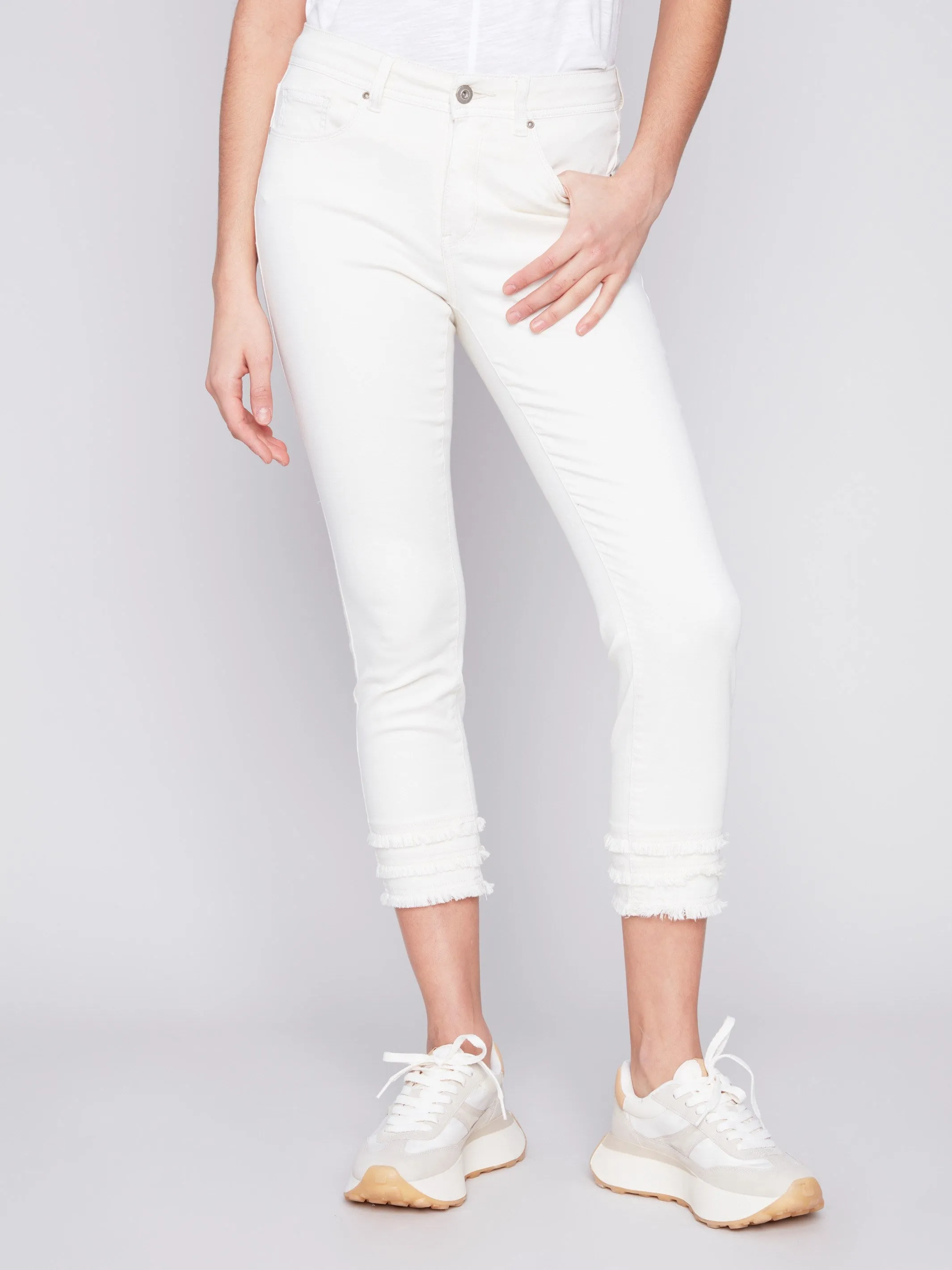 Frayed Hem Cropped Twill Pants - Natural