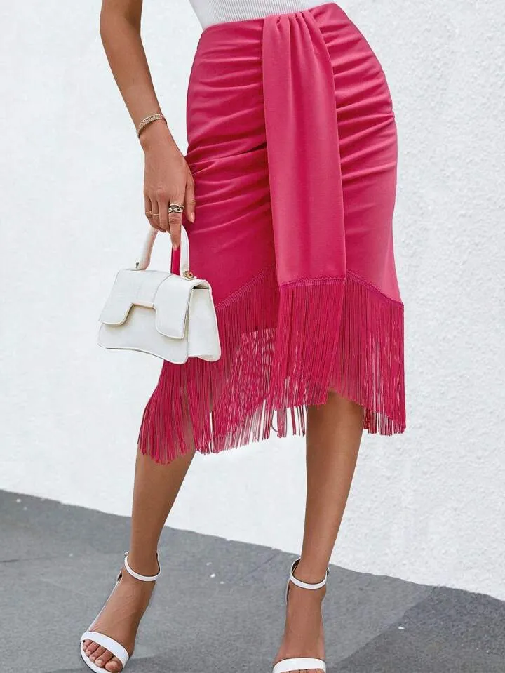 Fringe hem ruched draped front skirt in pink