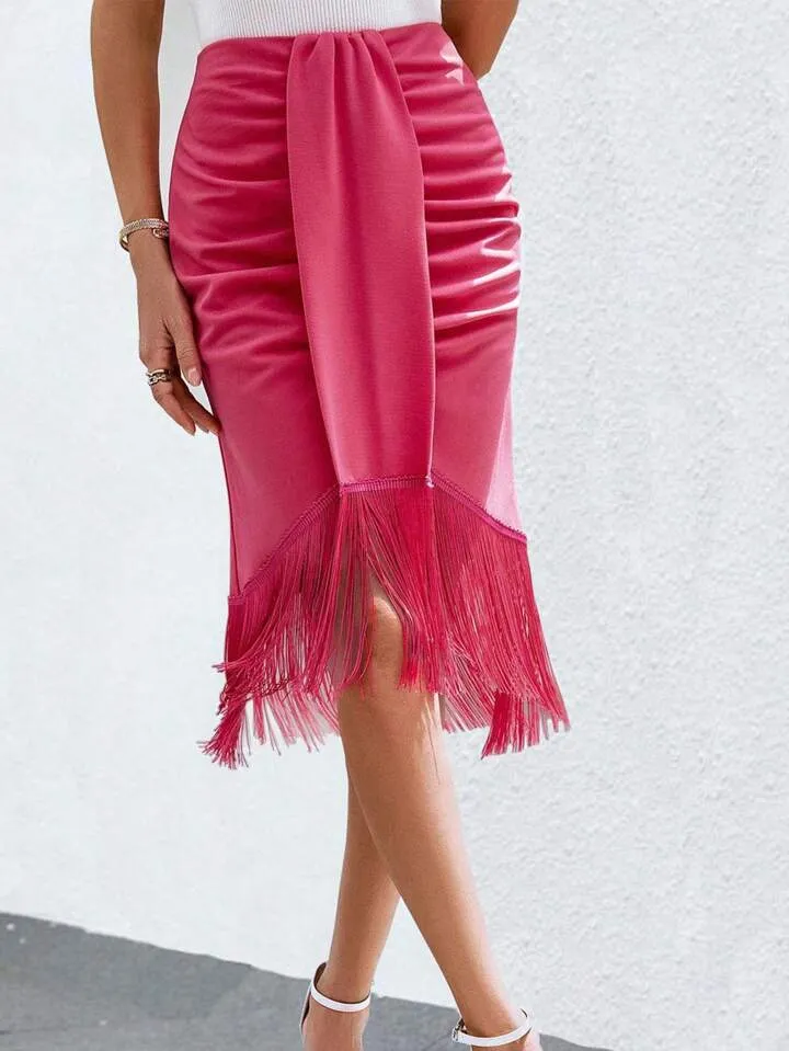 Fringe hem ruched draped front skirt in pink