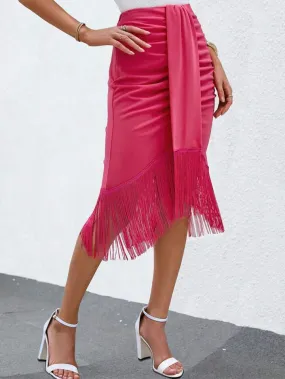 Fringe hem ruched draped front skirt in pink