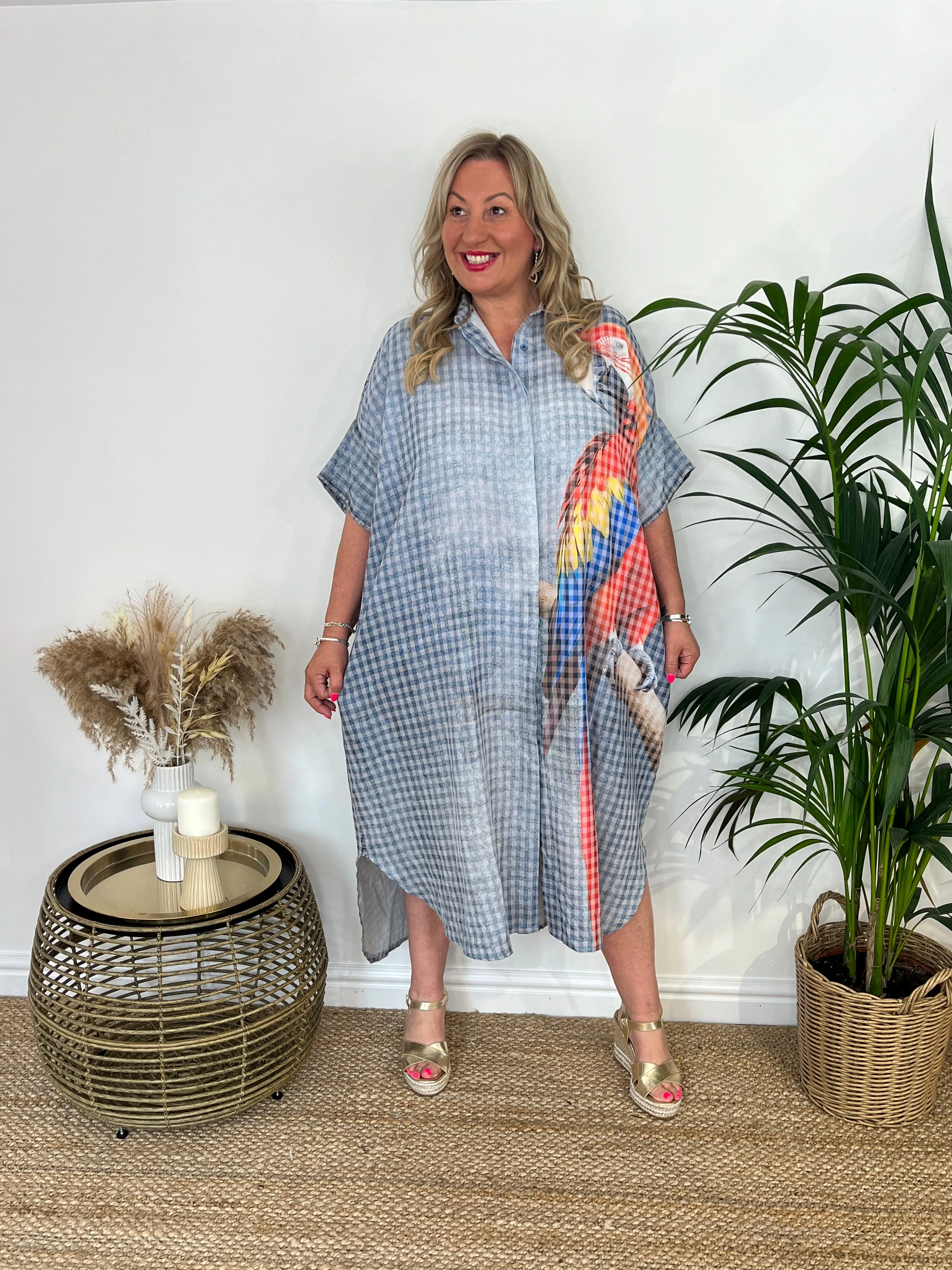 GILL Gingham Print Parrot Longline Shirt Dress