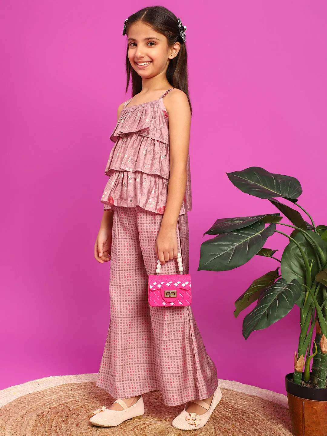 Girls Pink Rayon Printed Top With Palazzo Co-Ord Set