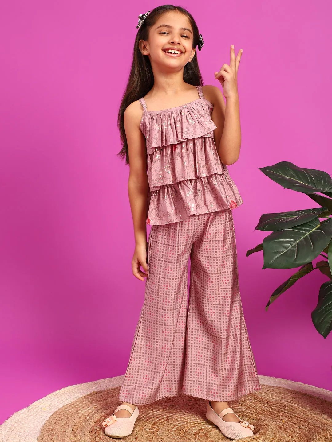 Girls Pink Rayon Printed Top With Palazzo Co-Ord Set