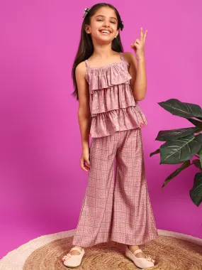 Girls Pink Rayon Printed Top With Palazzo Co-Ord Set