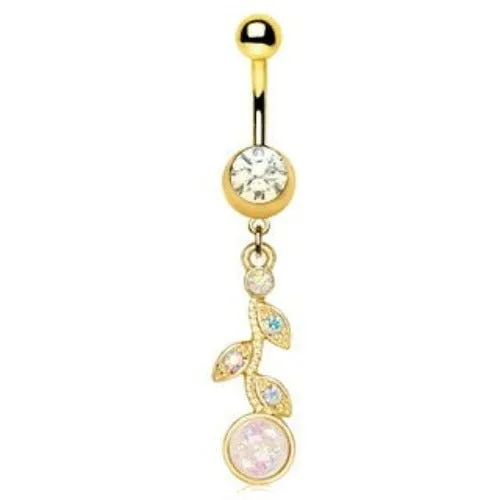 Gold Synthetic Opal Flower Vine Dangle Navel Ring