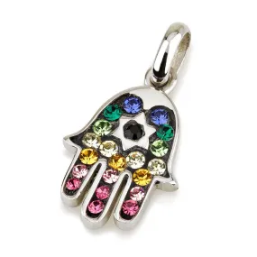 Hamsa Silver Pendant With Multi Colors Gemstones   925 Sterling Silver Chain #3