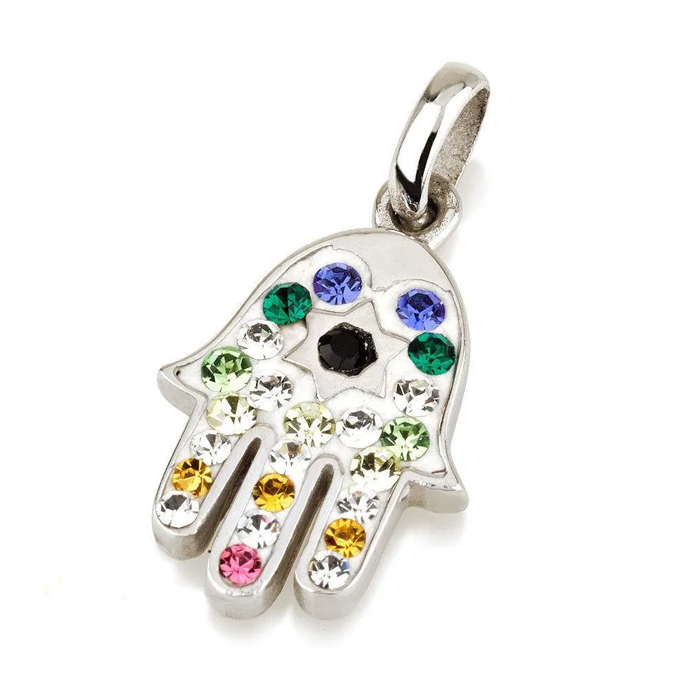 Hamsa Silver Pendant With Multi Colors Gemstones   925 Sterling Silver Chain