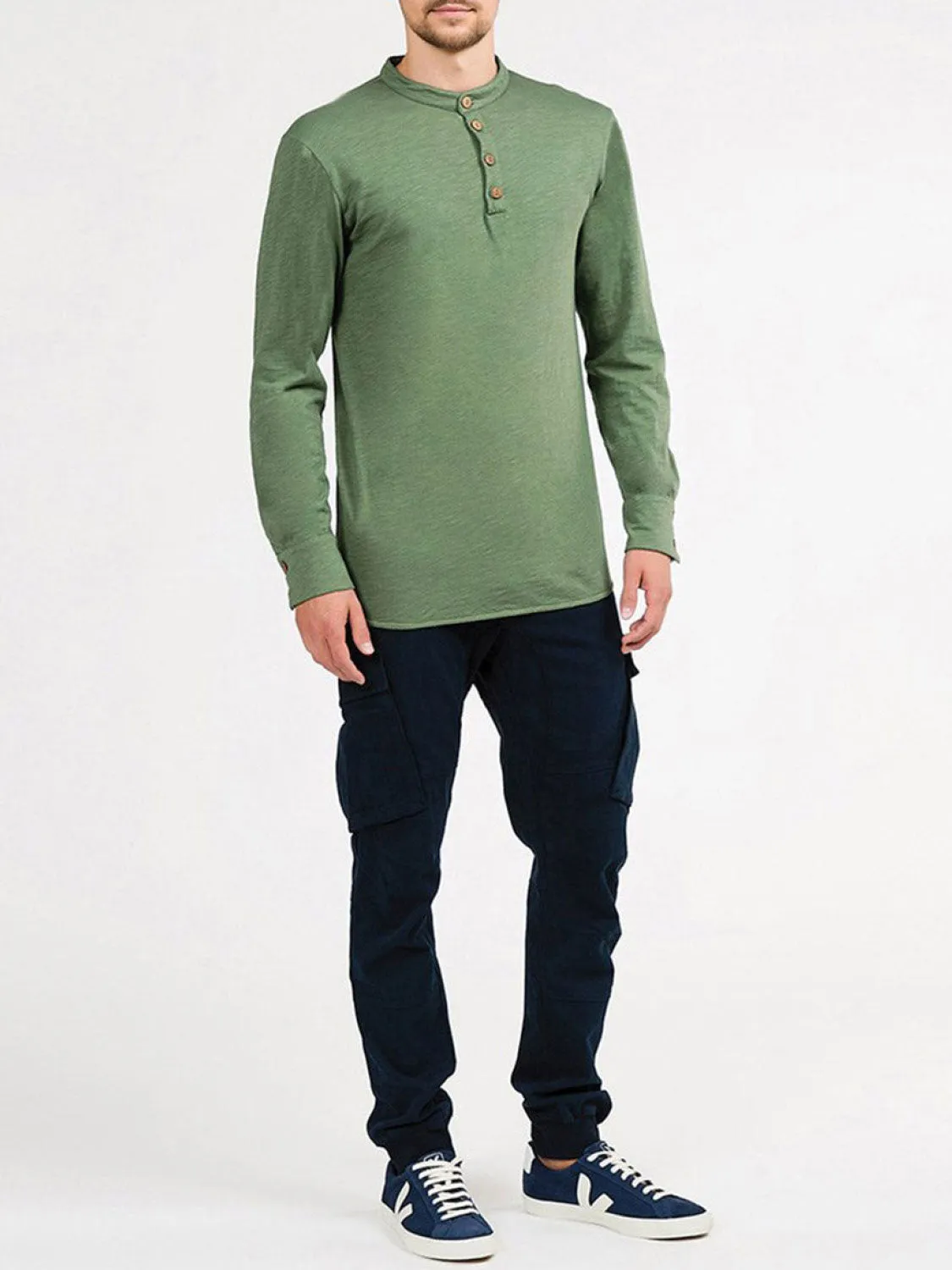 Henley Organic Cotton Slub Long Sleeve T-shirt Forest Green