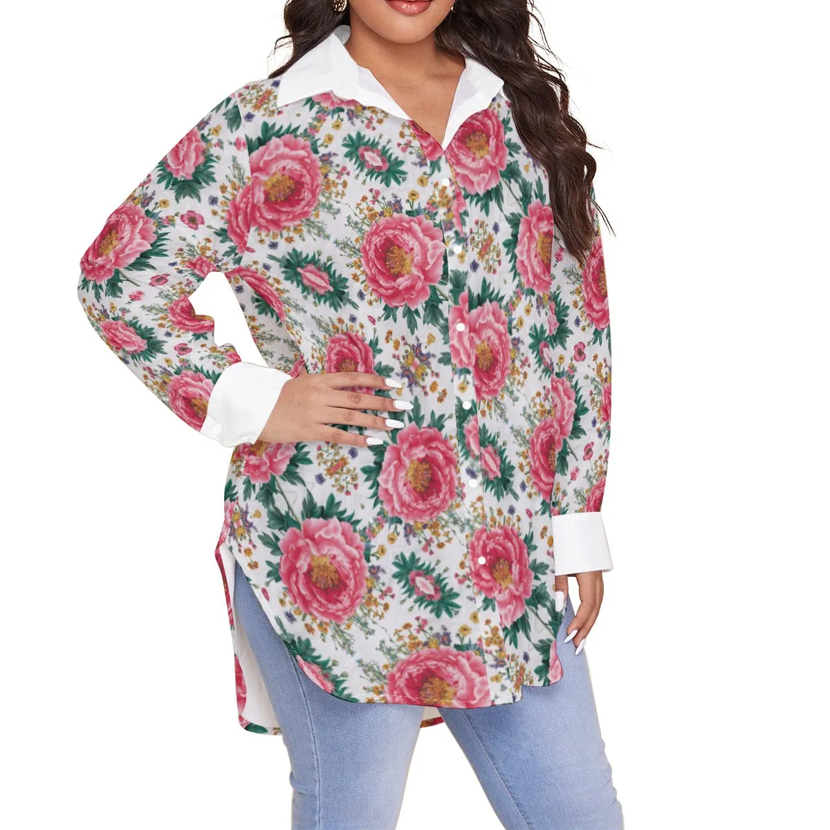 Hot Pink Peony on Bias - Women's Shirt With Long Sleeve(Plus Size)