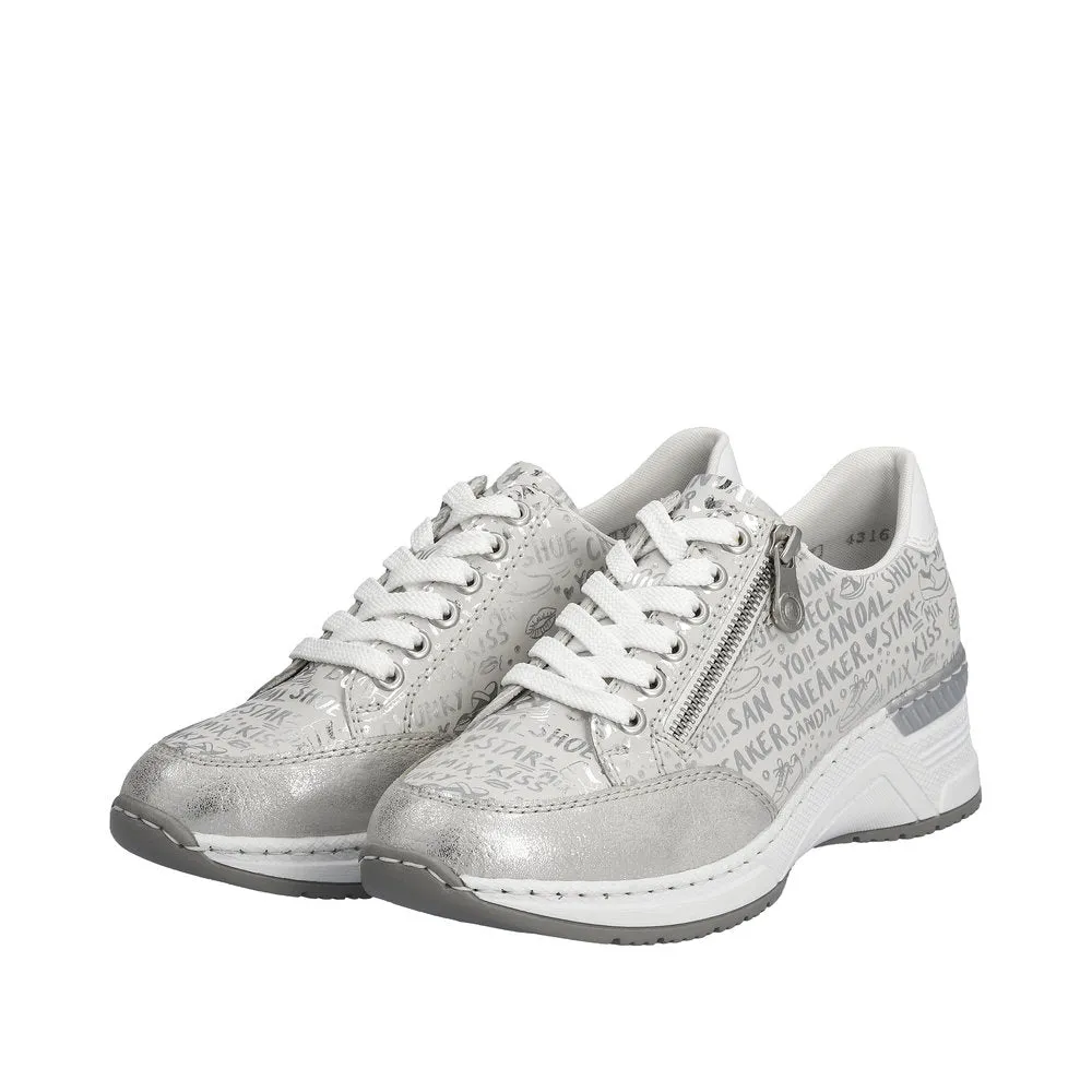 Ladies Rieker Lace Up Trainers Sneakers Silver Wedge Zip N4316-90 sale