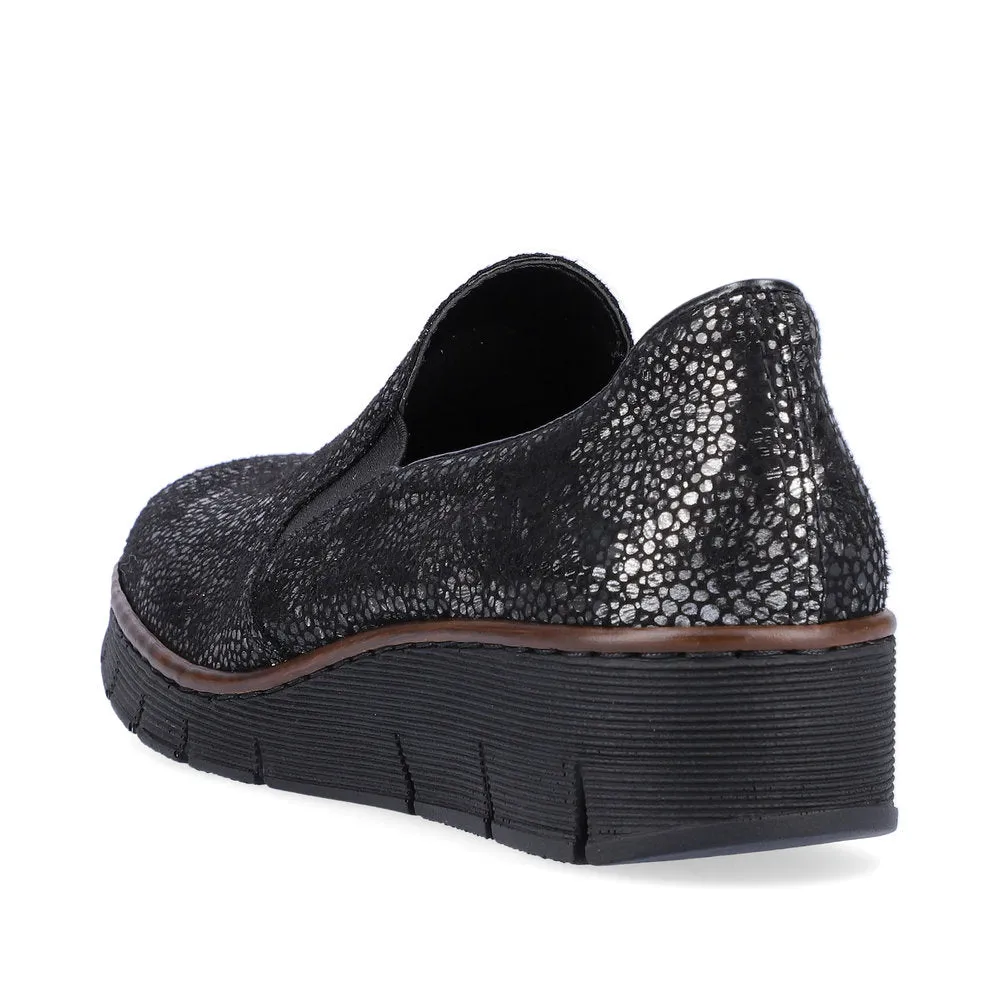 Ladies Rieker Shoes Wedge Heel Slip On Black Multi 53766-00 sale