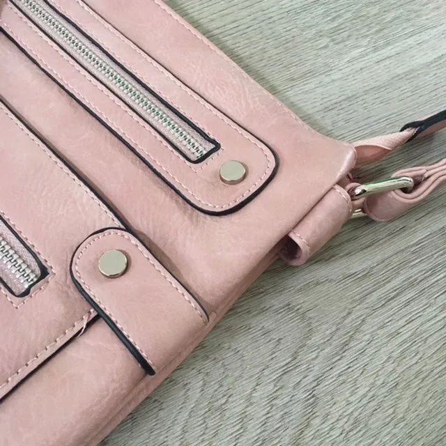 LARGE BLUSH PINK MULTI COMPARTMENT CROSSBODY BAG WITH LONG STRAP