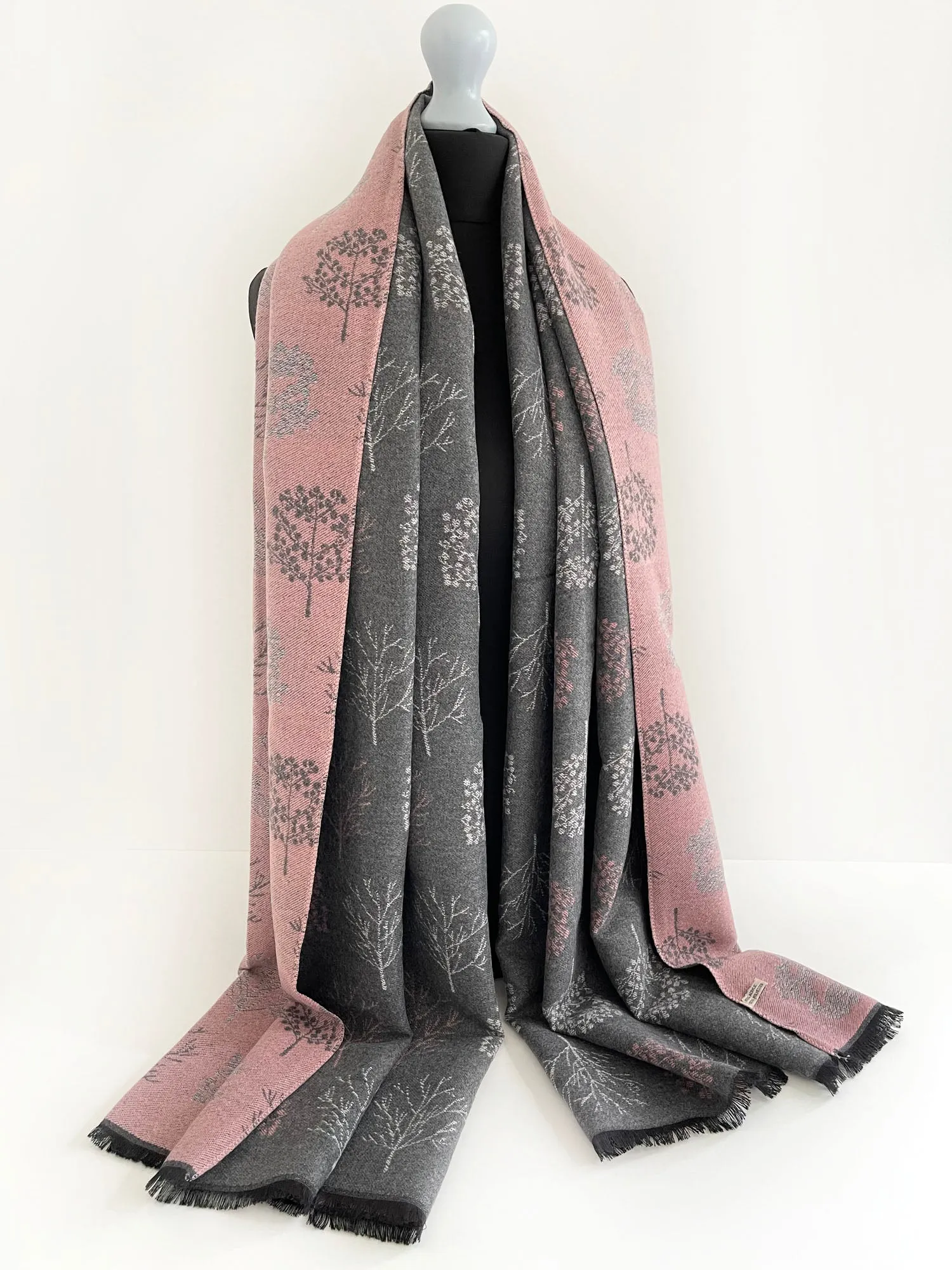 LARGE GREY BLUSH SKANDI TREE REVERSIBLE WINTER SHAWL WRAP BLANKET SCARF