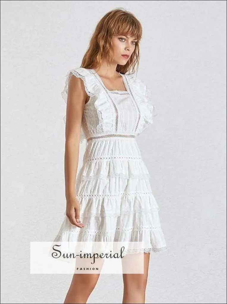 Lora Dress - Elegant Solid Women Dress Square Collar Sleeveless High Waist Ruffles Slim Mini