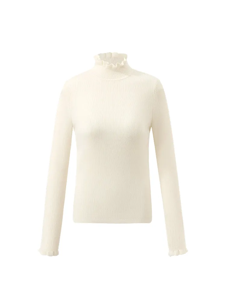 Machine Washable Wool Ruffle Turtleneck Women Sweater