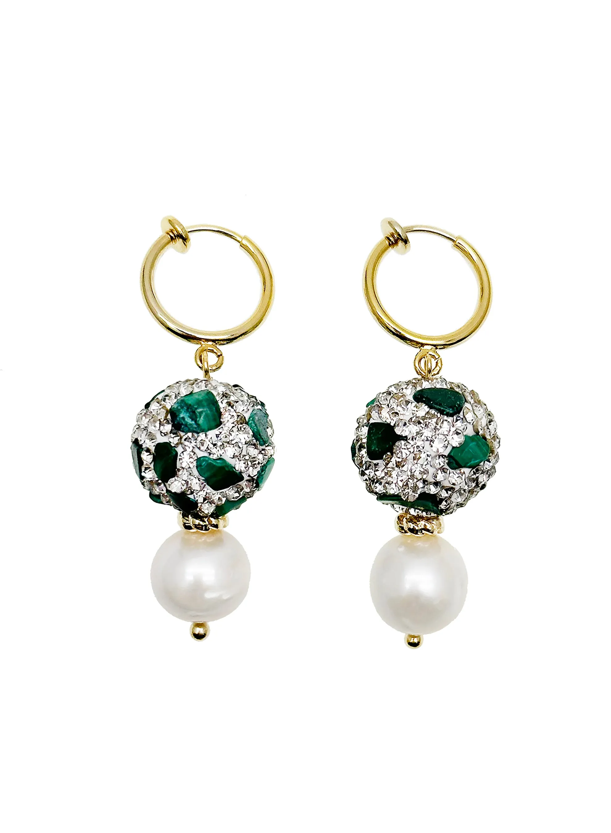 Malachite Rhinestone With Freshwater Pearls Clip-on Earrings JE036