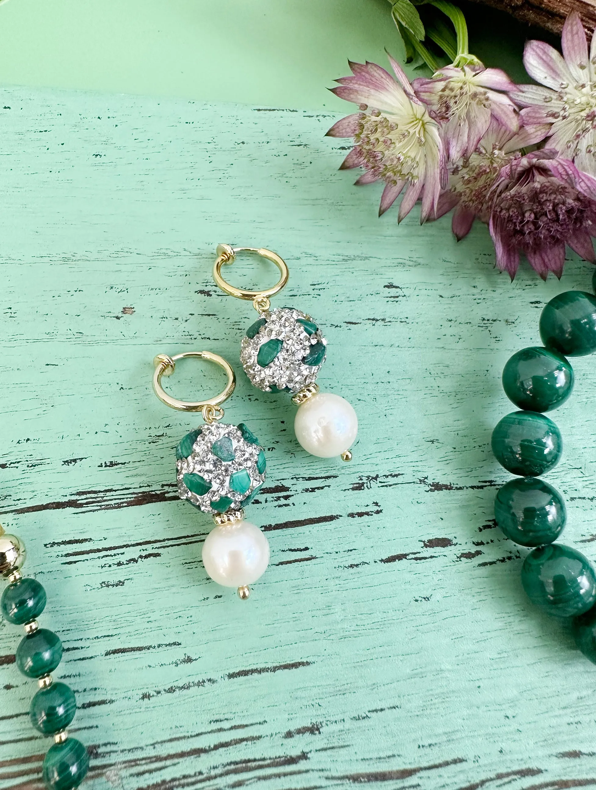 Malachite Rhinestone With Freshwater Pearls Clip-on Earrings JE036