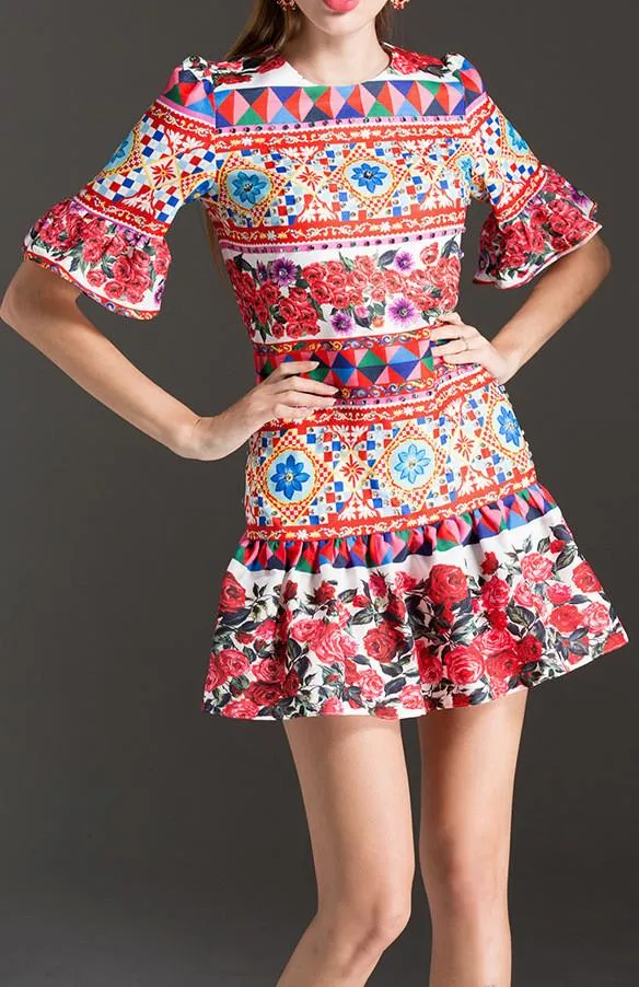 'Mambo' Printed Fluted Sleeve & Hem Mini Dress