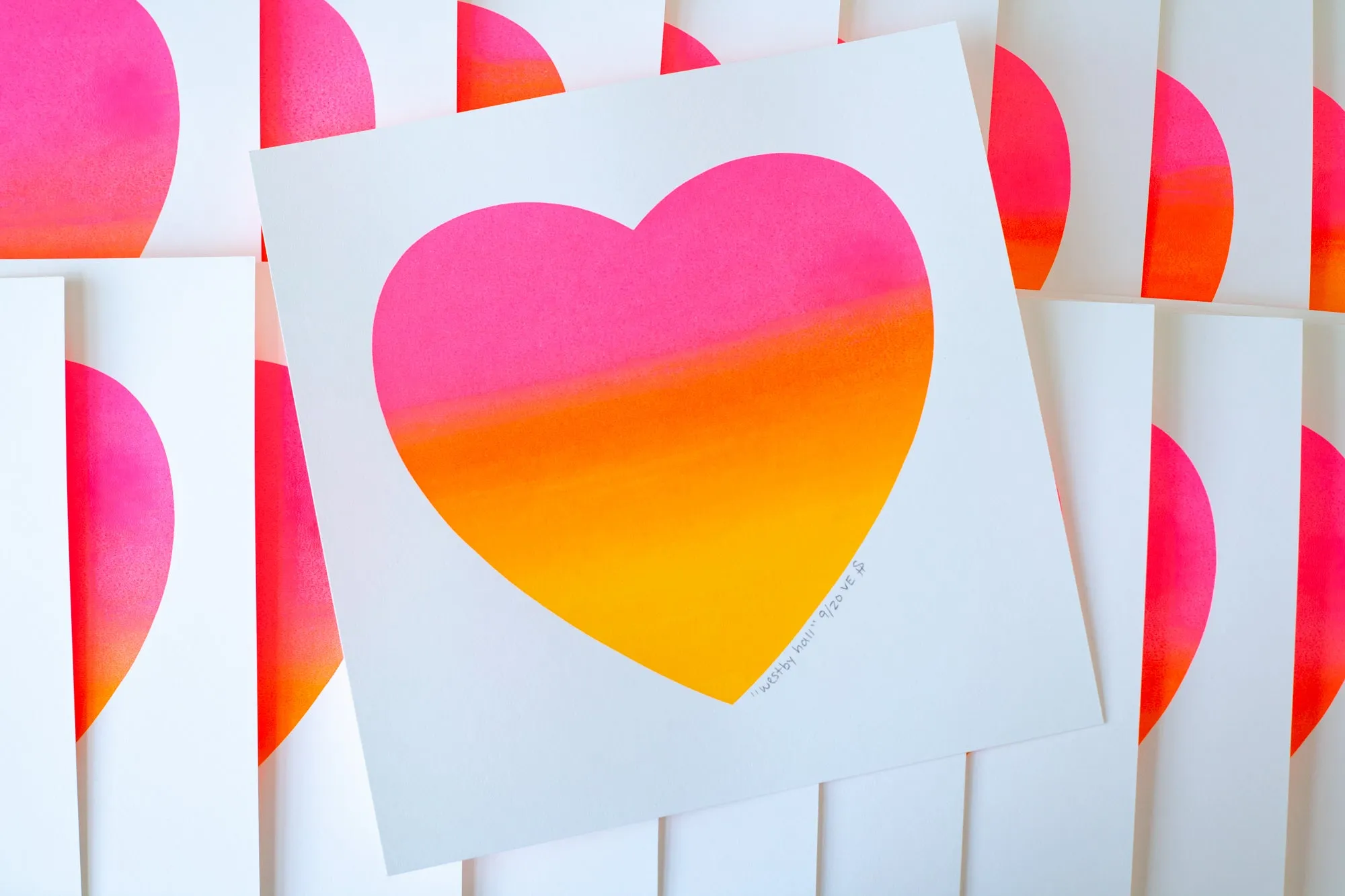 neon heart art print, sunset colored split fountain art print, OOAK art