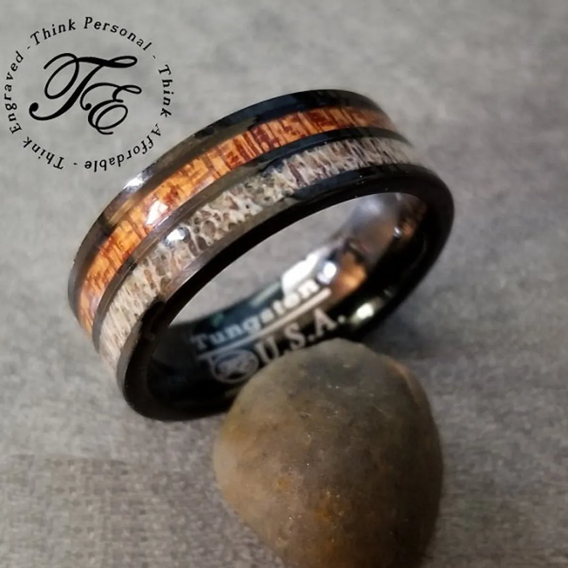 Personalized Men's Promise Ring - Wood and Deer Antler Inlay Real Tungsten